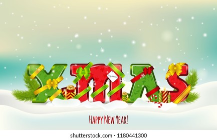 The inscription "XMAS" in the festive decoration on winter background. Can be used in greeting cards, banners, etc...Winter illustration. Vector Illustration