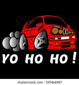 The inscription "Yo Ho Ho!" and drift car. Image of T-shirt in black.