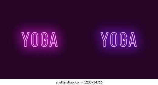 Inscription of Yoga in neon style. Vector illustration, glowing Text of Yoga in purple and violet color. Isolated graphic element, icon and symbol on the dark background for design