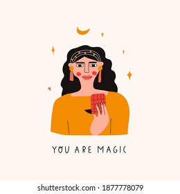 Inscription - you are magic. Girl looking at herself in the mirror. Vector illustration. 