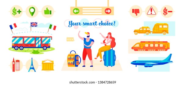 Inscription You Smart Choice! Vector Illustration. Man and Woman Prefer Bus Tours. People are Sitting on Suitcases.  Plus and Cons Choosing Vehicle for Interesting and Inexpensive Travel.