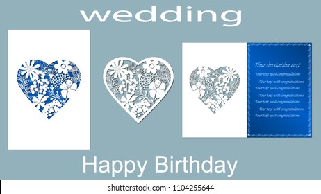 The inscription-happy birthday, wedding. ?hamomiles. Card heart flowers and space for text. Laser cutting template for greeting cards, invitations, decorative elements. Vector