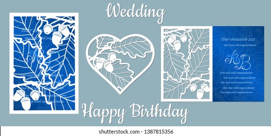 The inscription-happy birthday, wedding. oak, leaves, acorns. Card oak, leaves, acorns in heart, and space for text. Laser cutting template for greeting cards, invitations, decorative elements Vector