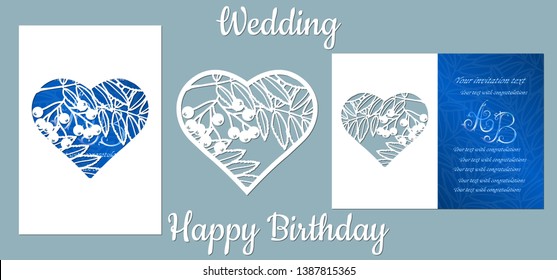 The inscription-happy birthday, wedding. Rowan, leaves, berries,. Card Rowan, leaves, berries in heart, and space for text. Laser cutting template for greeting cards, invitations decorative elements 