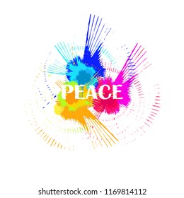 inscription-PEACE. explosion of colors, color blot. card. banner