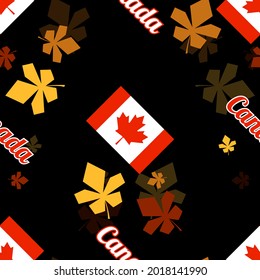las inscripciones "canada" y banderas nacionales alineadas en cierto orden y ubicadas al azar hojas de arce de otoño de diferentes tamaños sobre un fondo negro. vector