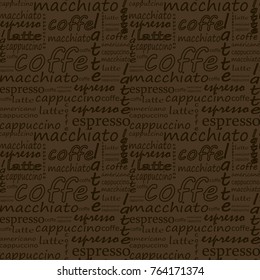 inscriptions of coffee on a brown background. hand drawn vector 