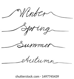 The inscriptions in a continuous line, winter, spring, summer and autumn, black on a white isolated background. Line art. Seasons Banner Design