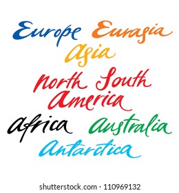 Inscriptions of different continents Europe Asia America Australia Antarctica