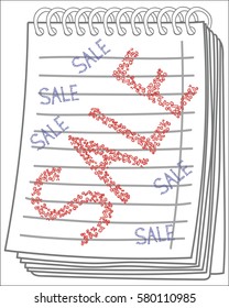 Inscriptions sale on notebook background. Vector illustration. Free hand drawn.