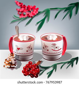inscriptions with a solemn coffee mug, 3d realistic mugs with New Year's drawings, vector