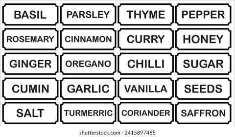Inscriptions for spices on containers or jars. Set of inscriptions for spices. Organizer for the kitchen. Vector illustration