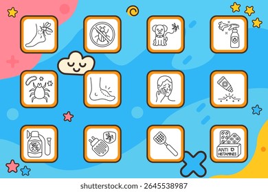 Insect allergy set icon. Mosquito on foot, crossed insect, dog with mosquito, spray bottle, tick, foot swelling, face allergy, rash ointment, anti-bug detergent, baby spray, swatter, antihistamines