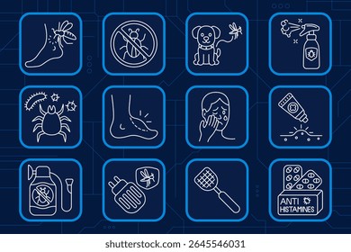 Insect allergy set icon. Mosquito bite, insect repellent, dog protection, spray, tick, ankle swelling, face irritation, ointment, laundry liquid, plug-in repeller, fly swatter, antihistamines, skin 