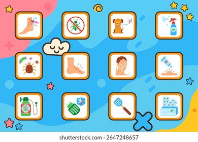 Insect allergy set icon. Mosquito bite, bug ban, dog protection, repellent spray, tick, swelling foot, face rash, cream tube, laundry repellent, baby spray, fly swatter, antihistamines