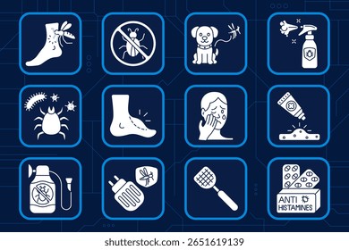 Ícone do conjunto de alergias a insetos. Picada de mosquito, inseto proibido, cão e mosquito, spray de inseto, perigo de carrapato, inchaço do pé, reação facial, tubo de creme, limpador de insetos, repelente de plugue, swatter, pacote anti-histamínico