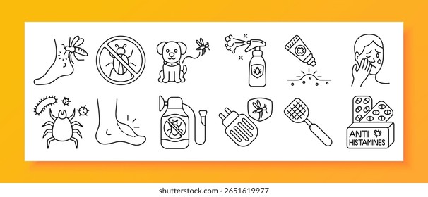 Insect allergy set icon. Outlined icons showing bug bites, irritated skin, pet protection, anti-itch cream, repellents, fly swatter, pills, mites, plug-in devices, and antihistamine label