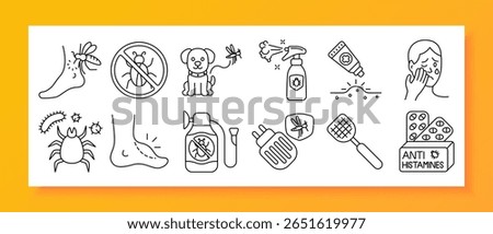 Insect allergy set icon. Outlined icons showing bug bites, irritated skin, pet protection, anti-itch cream, repellents, fly swatter, pills, mites, plug-in devices, and antihistamine label