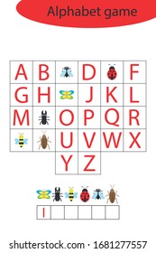 Juego de alfabeto de insectos para niños, hacer una palabra, actividad de hoja de cálculo preescolar para niños, juego de desguace de ortografía educativa para el desarrollo de niños, ilustración vectorial