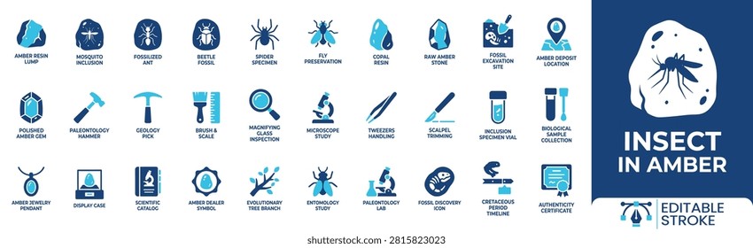 Insect in amber icon set. Containing insect fossil, amber resin, microscope study, magnifying glass inspection, fossil excavation and more. Solid vector icons collection