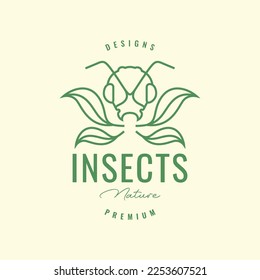 insect ant head antenna animal leaves grass hipster logo design vector icon illustration template