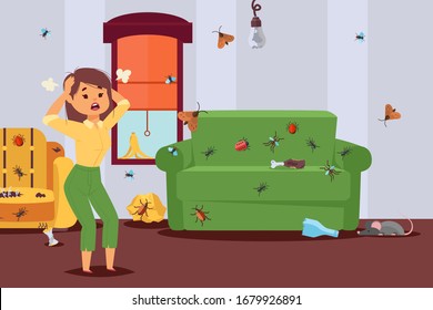 Insectos en el departamento, control de plagas, carácter de mujer en pánico, ataque de bichos ilustración plana vectorial. Sofá infectado, sillón, habitación, pared. Diseño de control de plagas para afiches, banner web y tarjeta.