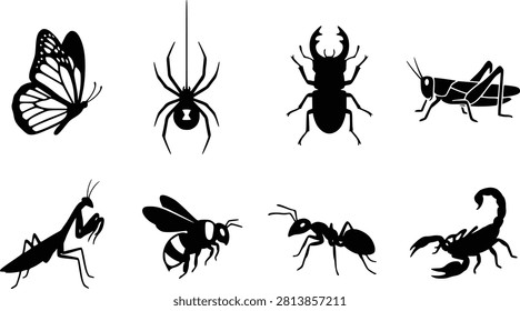 Insect and Arachnid Silhouettes Collection Featuring Butterfly, Spider, Beetle, Grasshopper, Mantis, Bee, Ant, and Scorpion