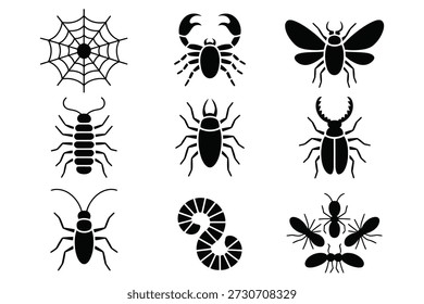 Insect and arachnid silhouettes spider web scorpion
