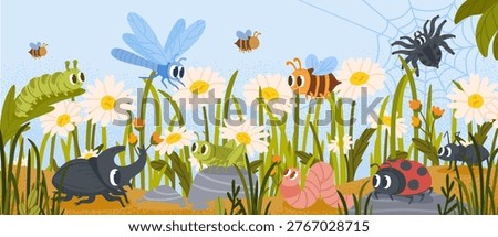 Insect background. Kid scene with bugs. Natural field scenery in grass with funny ladybug, spider, bee, worm, ant, caterpillar, dragonfly. Vector cute child insects concept.