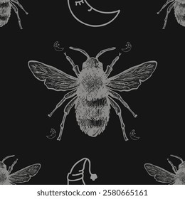 Insect bee in black seamless pattern in vector format