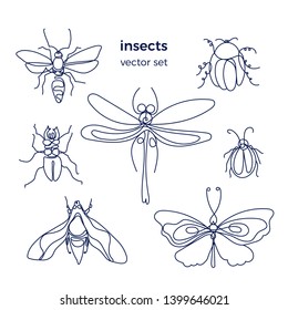 Insect. Bee, bug, moth, dutterfly. Vector set on white background. Line art group. Simple symbol. Black graphic sign Animal collection isolated and grouped 