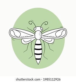 Insekt, Biene, Wespe auf einem grünen Kreis. Abstraktion, Doodle-Stil. Illustrationsvektor. Einziger Hintergrund.