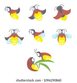 Insect beetle firefly. Vector set of eight simple cartoon drawings with different angles and elements. Males and female.