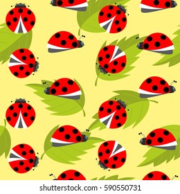 insect beetle ladybug red with black dots mottled yellow background with green leaves vector seamless pattern