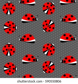 insect beetle ladybug red with black dots on a gray background speckled vector seamless pattern