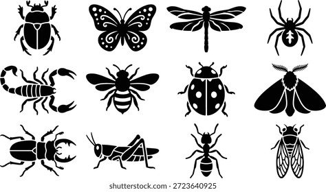 Conjunto de iconos de silueta de insecto y escarabajo - Ilustración vectorial de patrón de Naturaleza de mariposa, araña y bicho
