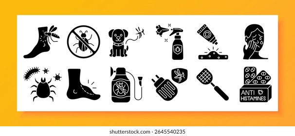 Insect bite prevention and treatment set icon. Shows mosquitoes, ticks, insect repellents, bitten skin, allergic reactions, fly swatter, antihistamines, and protective methods for humans and pets.