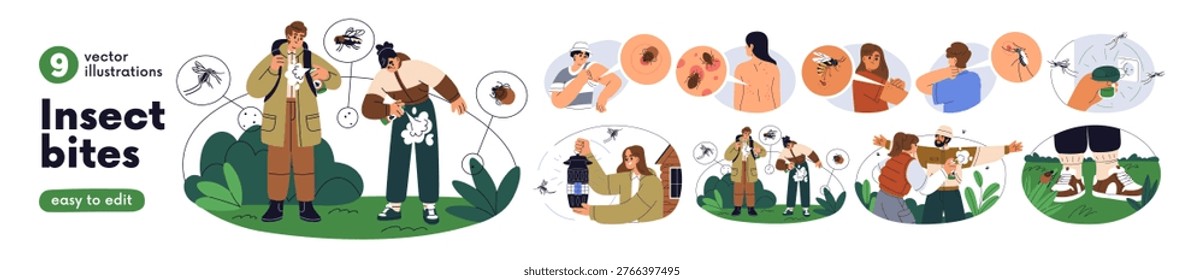 Insect bite protection and allergy symptoms set. People apply prevention spray against mosquito, wasp, mite, gnat. Rash, itch from bloodsuckers. Flat vector illustration isolated on white background