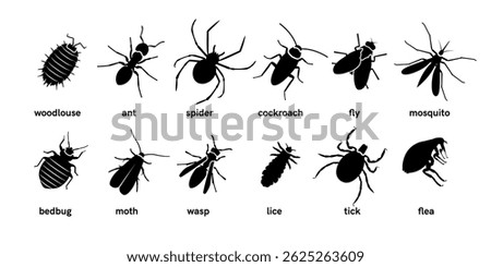 Insect black silhouettes set. Vector illustration for pest control design. Mosquito, fly, bedbug, tick, moth, ant, cockroach, lice, woodlouse, etc. Isolated elements on white background