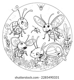 Insect , Black and white coloring pages for kids, simple lines, cartoon style, happy, cute, funny, many things in the world.
