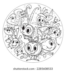 Insect , Black and white coloring pages for kids, simple lines, cartoon style, happy, cute, funny, many things in the world.