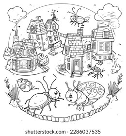 Insect , Black and white coloring pages for kids, simple lines, cartoon style, happy, cute, funny, many things in the world.