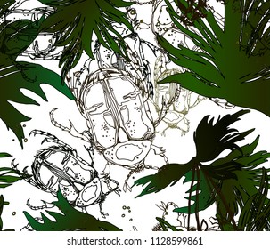 
Insect botanical line silhouette pattern. Noble wave bug jungle  plant. Vintage nature seamless on white color background. Hand drawing sketch print for textile. Trendy flower beetle lined design.