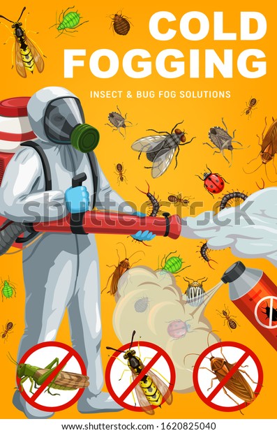 Insect and bug cold fogging, pest control vector\
design. Exterminator with pesticide spray and sprayer, mosquito,\
cockroach and ant, fly, flea, mite or tick, grasshopper, wasp,\
potato beetle
