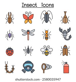 Insect and bug icon set in color line style