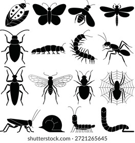 Conjunto de iconos de insectos y bichos. Contiene mariposas, escarabajos, hormigas, arañas, gusanos, abejas y gusanos creepie.