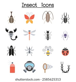 Insect and bug icon set  in flat color style