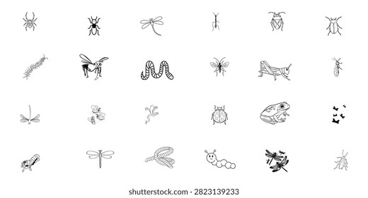 Insect and Bug Line Art Vector Set Dragonfly Beetle Butterfly and Caterpillar Icon Collection