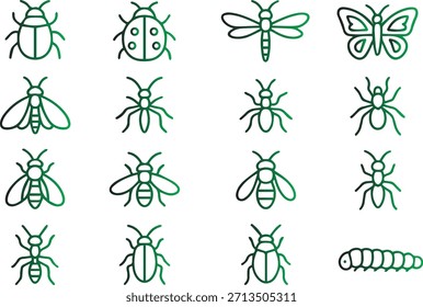 Conjunto de iconos de línea de insecto Gradiente verde Entomología Mariposa Escarabajo Gráfico