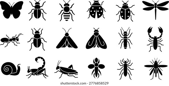 Insect bug silhouette icons set with beetles spiders butterflies small creatures